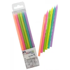 12 Pack Neon Assorted Colour Slim Candles with Holders - 12cm