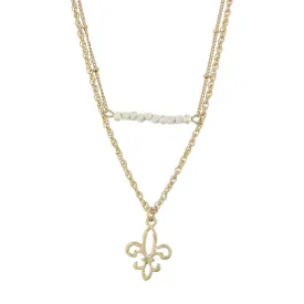 18" Gold Double Bar Necklace -Fleur De Lis, 3" Ext.