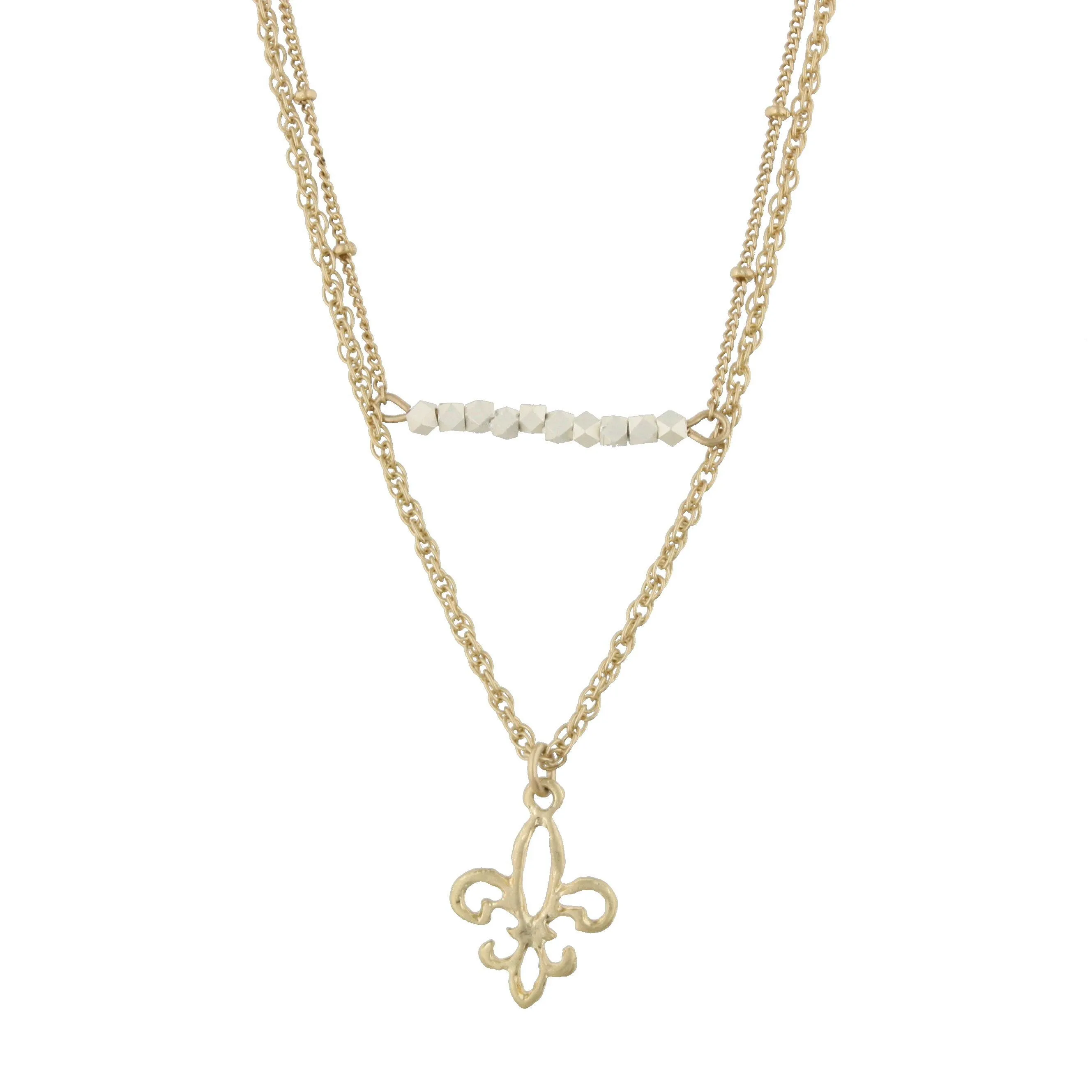 18" Gold Double Bar Necklace -Fleur De Lis, 3" Ext.