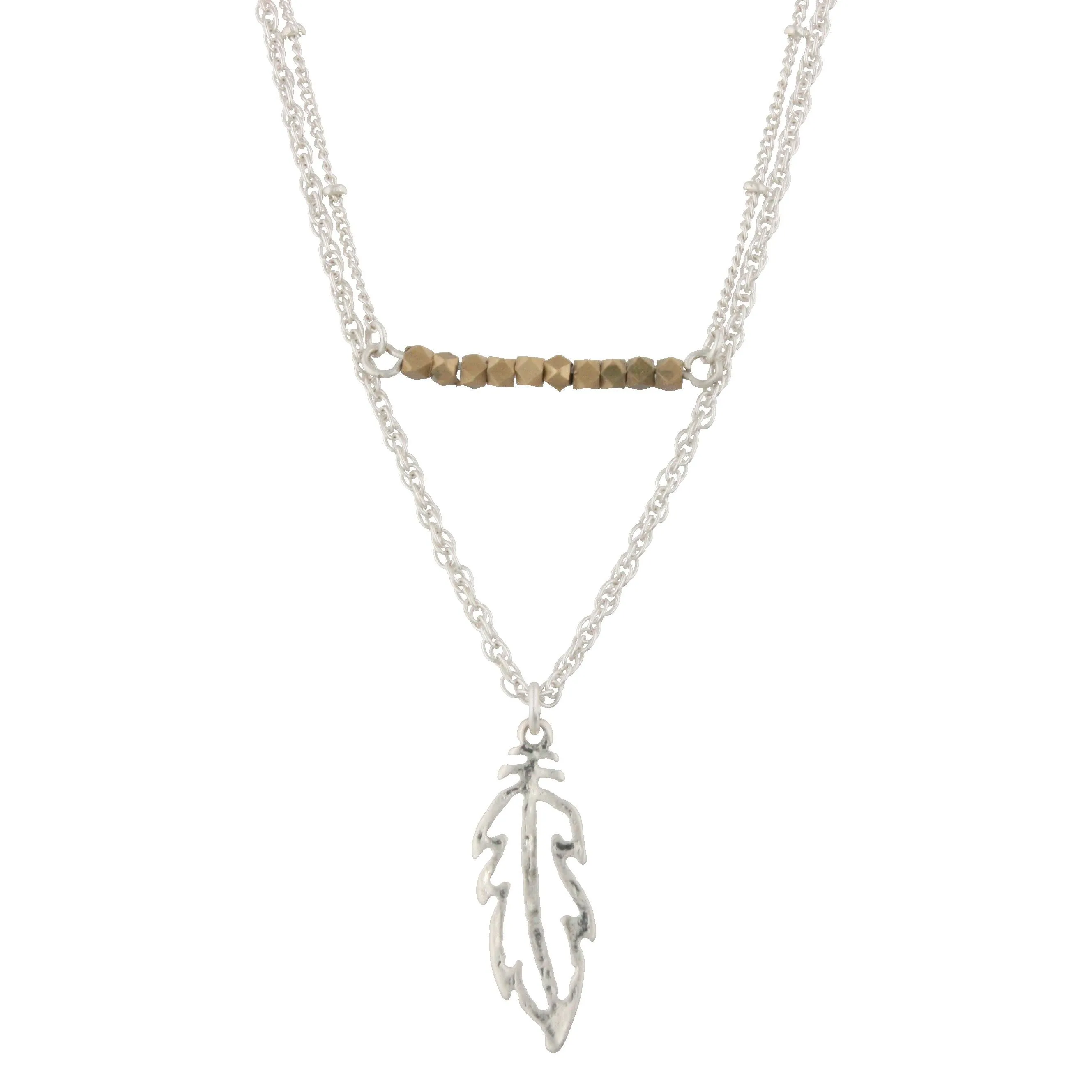 18" Silver Double Bar Necklace -Feather, 3" Ext.