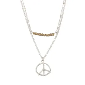 18" Silver Double Bar Necklace -Peace Sign, 3" Ext.