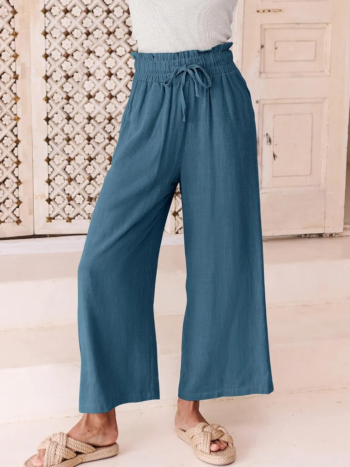 ANRABESS Women Linen Pants Casual Loose High Waist Boho Wide Leg Cropped Palazzo Beach Pants Summer Outfits 2025 Trendy
