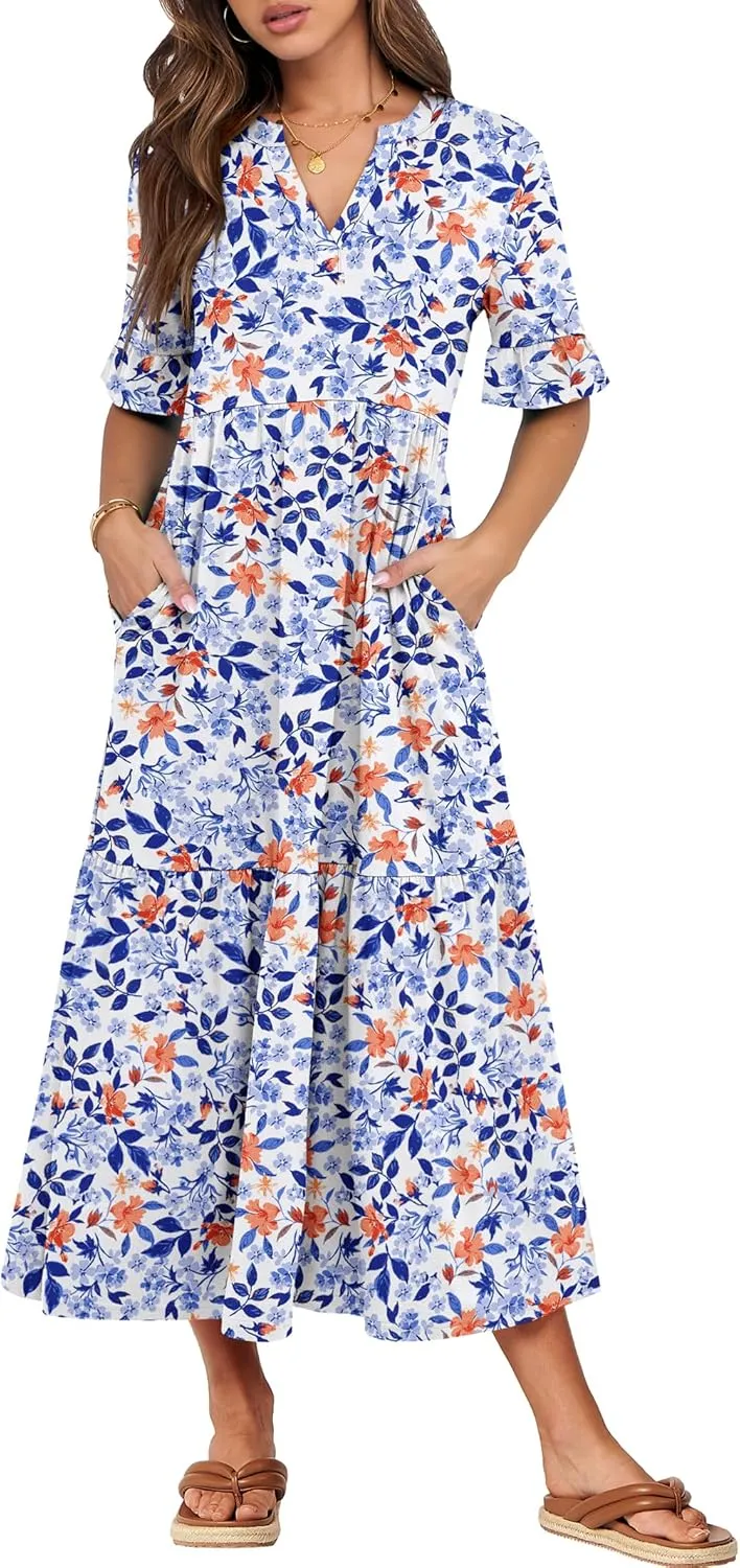 ANRABESS Women's Casual Summer Ruffle Short Sleeve T Shirts Maxi Dress 2025 Spring V Neck Flowy Tiered Boho Beach Dresses