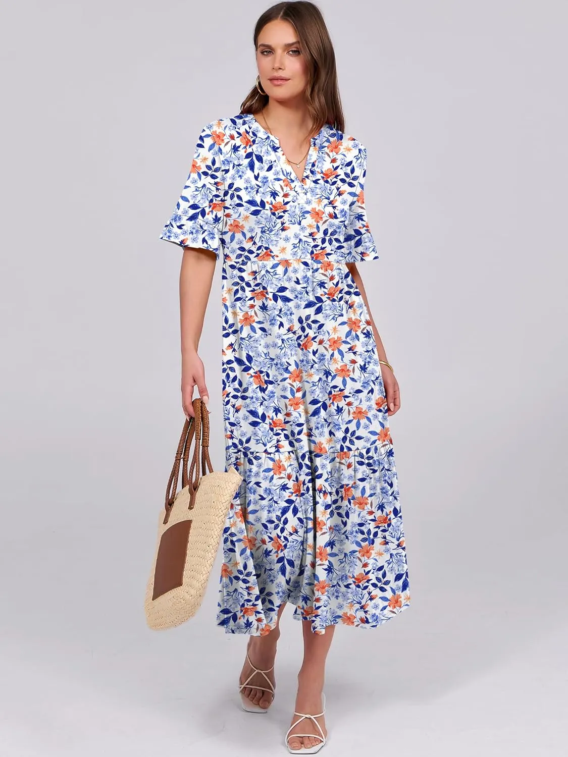 ANRABESS Women's Casual Summer Ruffle Short Sleeve T Shirts Maxi Dress 2025 Spring V Neck Flowy Tiered Boho Beach Dresses