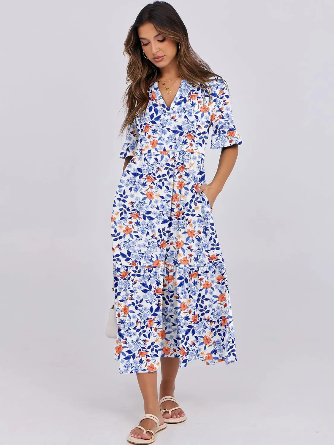 ANRABESS Women's Casual Summer Ruffle Short Sleeve T Shirts Maxi Dress 2025 Spring V Neck Flowy Tiered Boho Beach Dresses