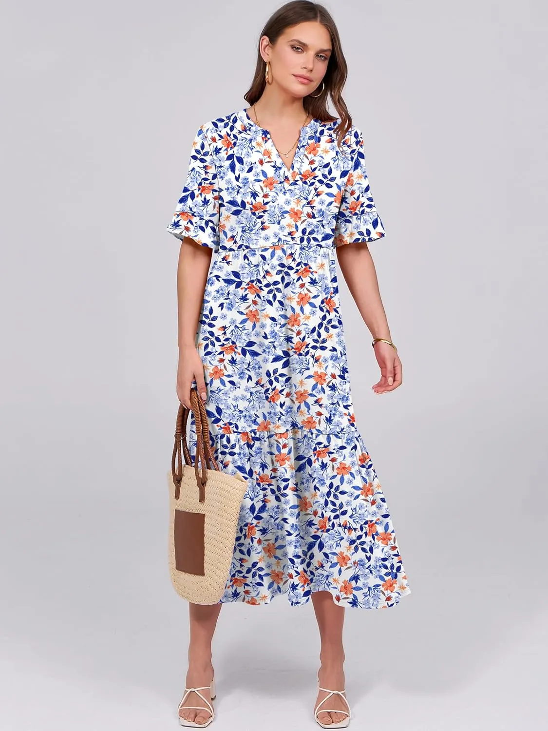 ANRABESS Women's Casual Summer Ruffle Short Sleeve T Shirts Maxi Dress 2025 Spring V Neck Flowy Tiered Boho Beach Dresses