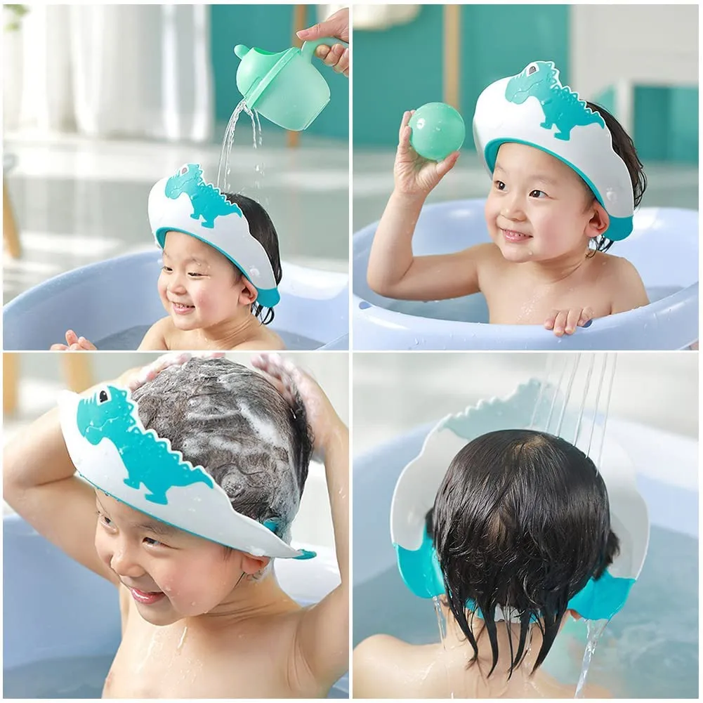 Baby Shower Cap Shield, Shower Cap for Kids, Visor Hat for Eye and Ear Protection for 0-9 Years Old Children,Cute Dinosaur/Crocodile/Hippo shape Makes the Baby Bath More Fun (Dinosaur, Blue)