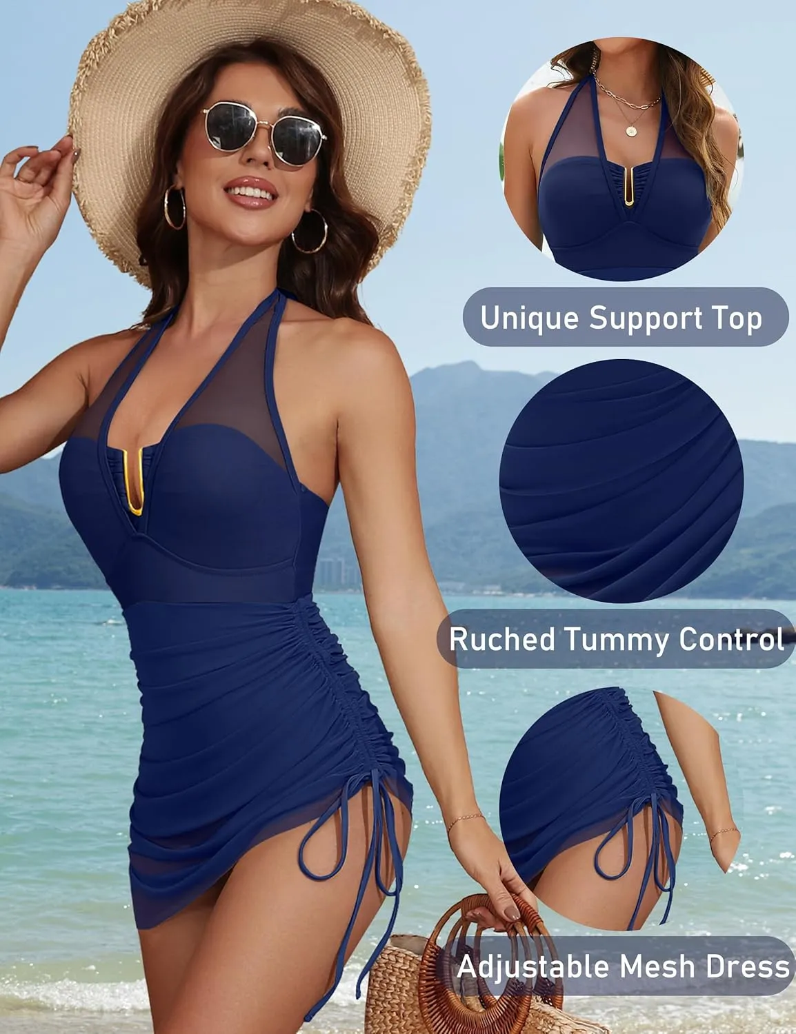 BMJL Womens One Piece Swimsuit Tummy Control Swim Dress Slimming Mesh Sheer Halter Sarong Wraps Bathing Suit