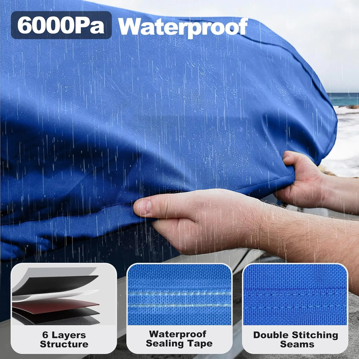 Boat Cover 17-19 ft, Authentic 1400D Boat Cover, 6000Pa Waterproof Heavy Duty Boat Covers with Motor Cover Fits BassBoat, V-Hull Tri-Hull Boat, Runabout Bowrider, 17' 18' 19', Blue