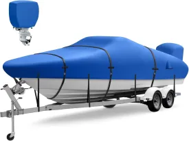 Boat Cover 17-19 ft, Authentic 1400D Boat Cover, 6000Pa Waterproof Heavy Duty Boat Covers with Motor Cover Fits BassBoat, V-Hull Tri-Hull Boat, Runabout Bowrider, 17' 18' 19', Blue