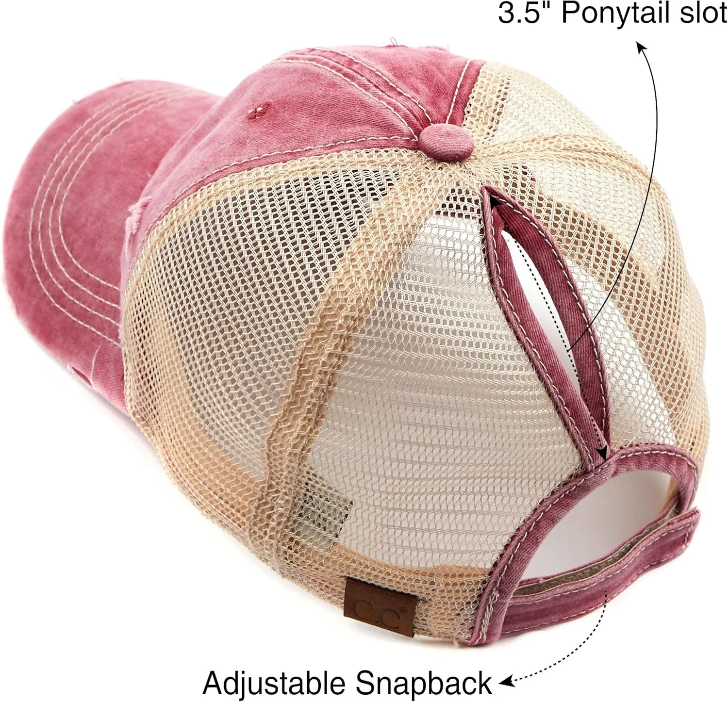 C.C Hatsandscarf Exclusives Washed Distressed Cotton Denim Ponytail Hat Adjustable Baseball Cap (BT-12) (BT-13)