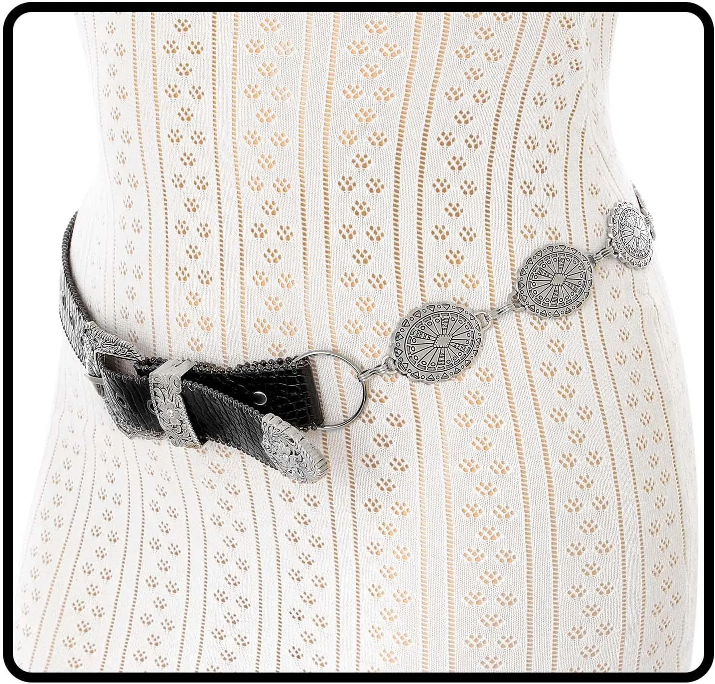 Concho West Belt Gold Adjustable Leather Metal Chain Waist Belt Women's Chic Accessories for Dress and Pants