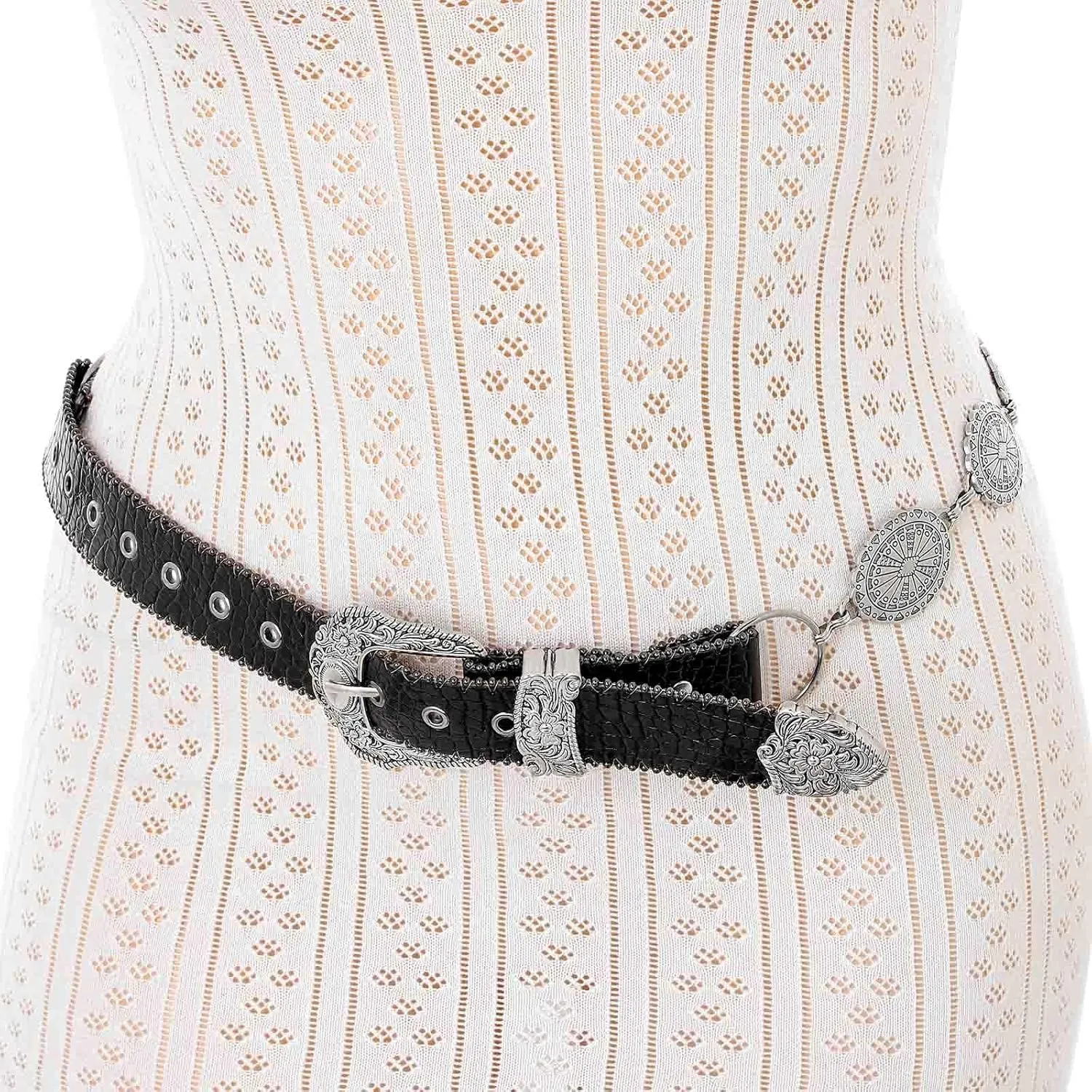 Concho West Belt Gold Adjustable Leather Metal Chain Waist Belt Women's Chic Accessories for Dress and Pants
