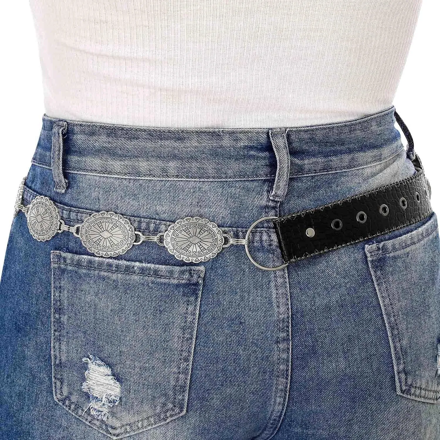 Concho West Belt Gold Adjustable Leather Metal Chain Waist Belt Women's Chic Accessories for Dress and Pants