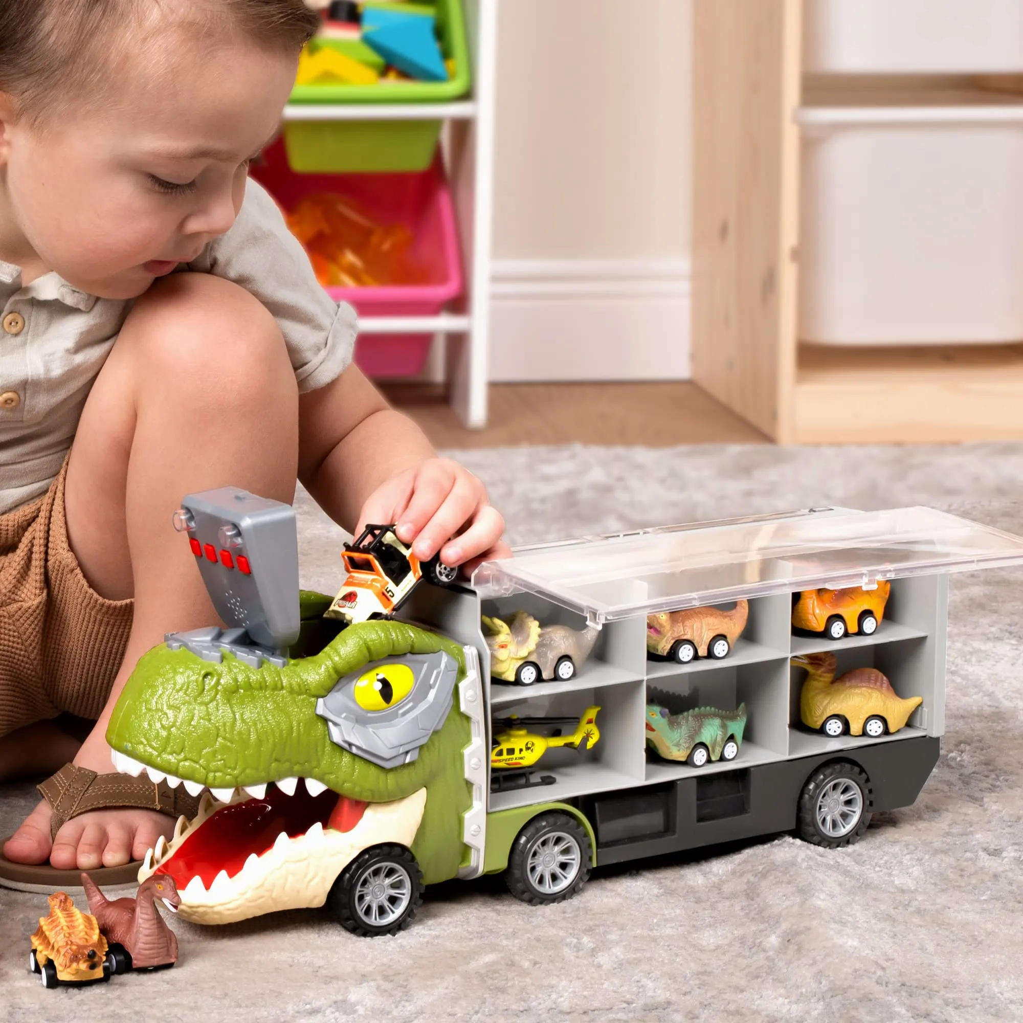 JOYIN 13 in 1 Dinosaur Toys for Kids 3-5, Dinosaur Truck with 12 Pull Back Cars, Dinosaur Cars Set, Birthday Gifts Toys for 3 4 5  Year Old Boy, Transport Carrier Truck for Toddlers 3-4 Years