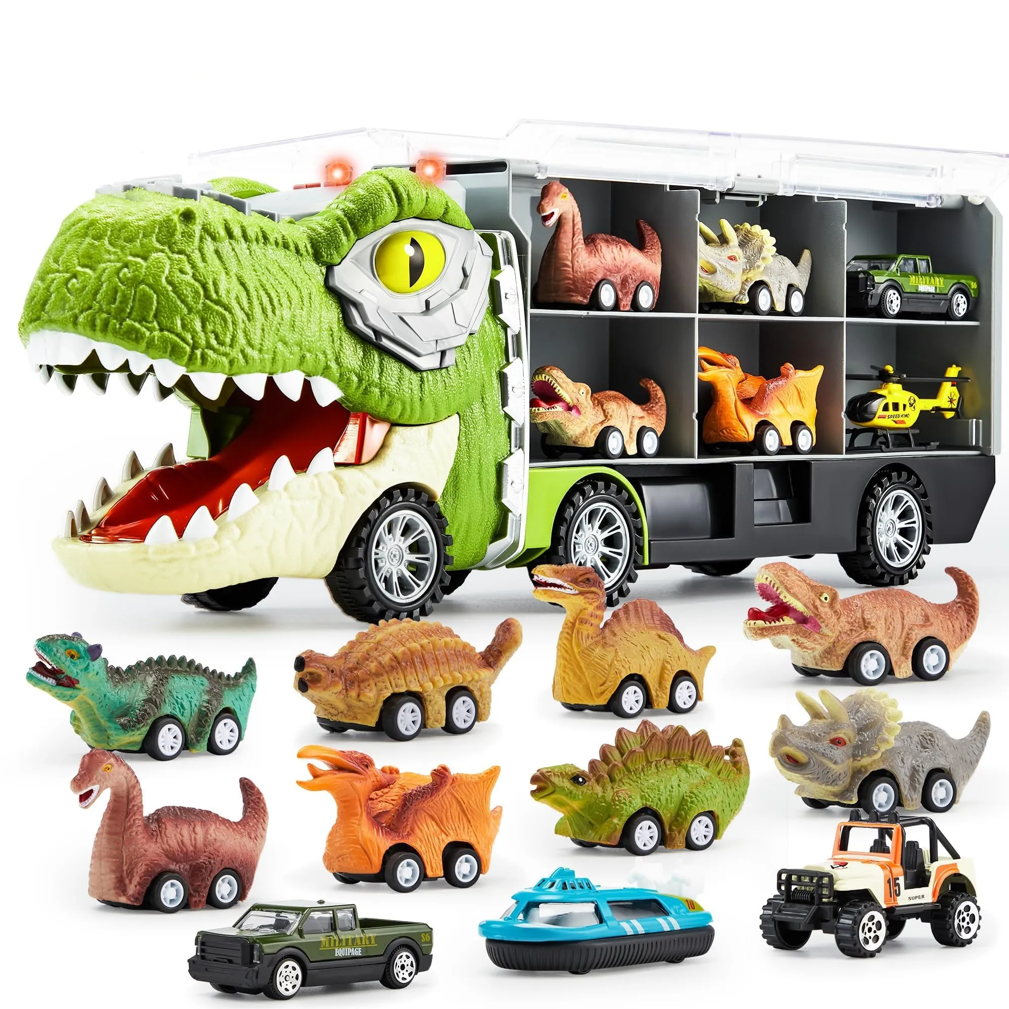 JOYIN 13 in 1 Dinosaur Toys for Kids 3-5, Dinosaur Truck with 12 Pull Back Cars, Dinosaur Cars Set, Birthday Gifts Toys for 3 4 5  Year Old Boy, Transport Carrier Truck for Toddlers 3-4 Years