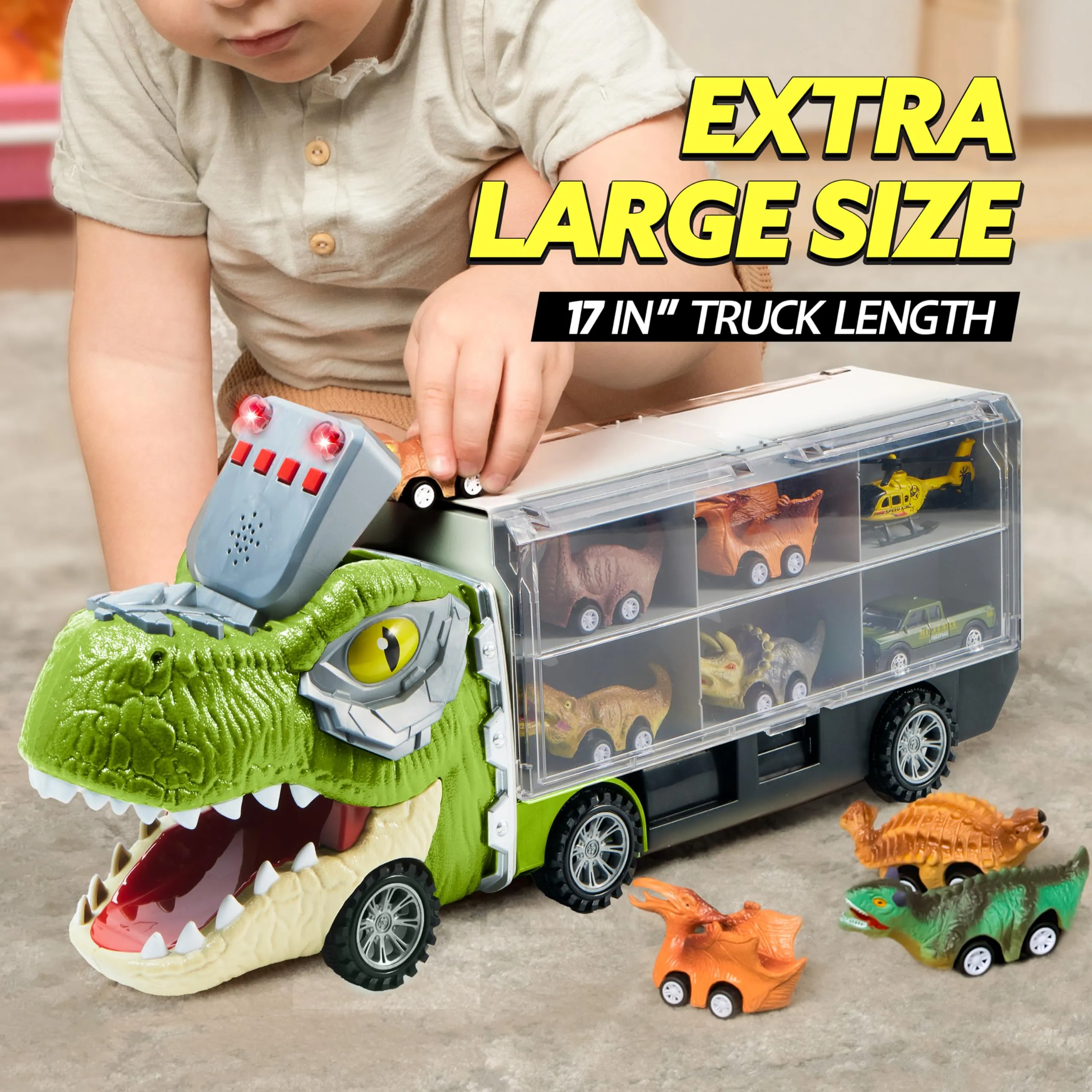 JOYIN 13 in 1 Dinosaur Toys for Kids 3-5, Dinosaur Truck with 12 Pull Back Cars, Dinosaur Cars Set, Birthday Gifts Toys for 3 4 5  Year Old Boy, Transport Carrier Truck for Toddlers 3-4 Years