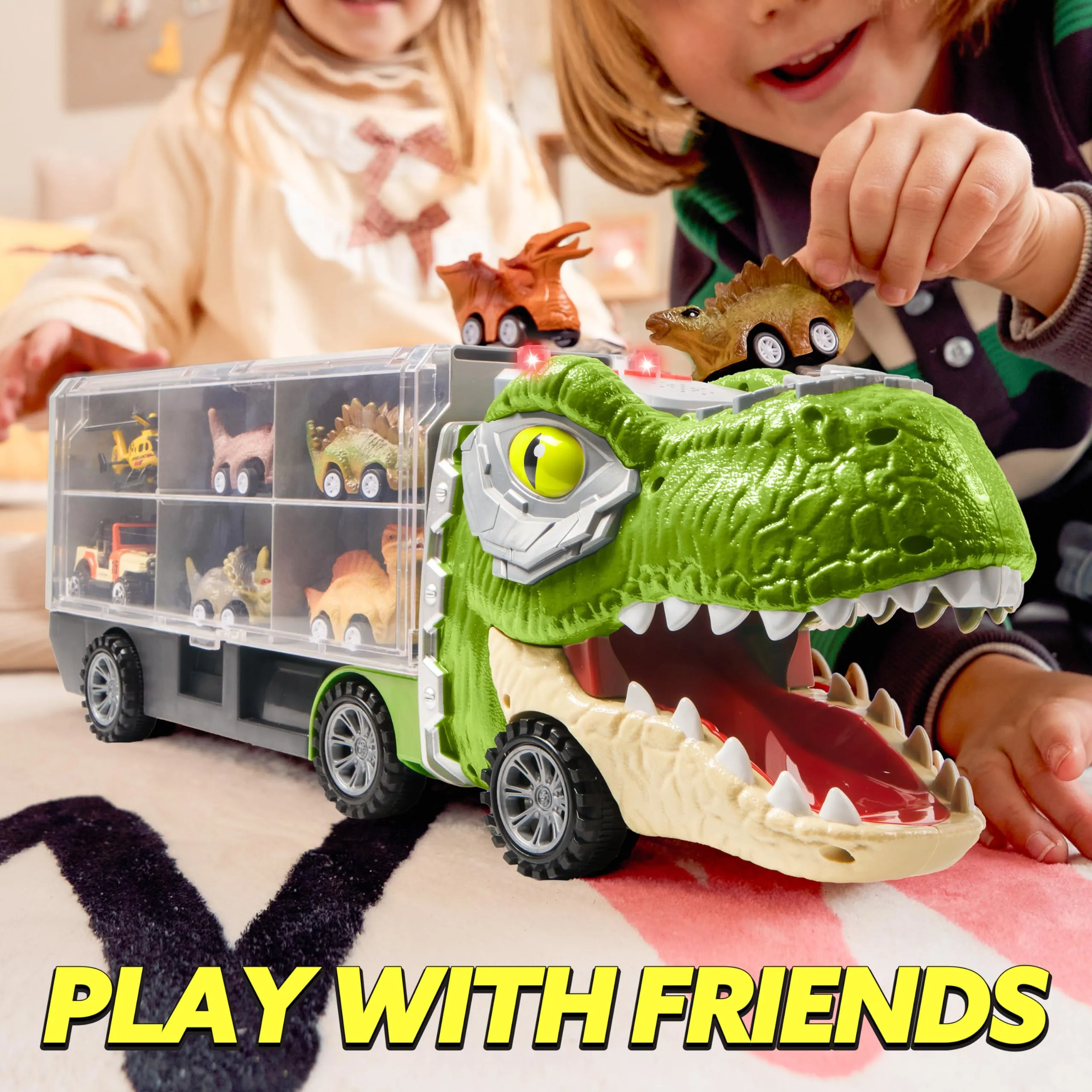 JOYIN 13 in 1 Dinosaur Toys for Kids 3-5, Dinosaur Truck with 12 Pull Back Cars, Dinosaur Cars Set, Birthday Gifts Toys for 3 4 5  Year Old Boy, Transport Carrier Truck for Toddlers 3-4 Years