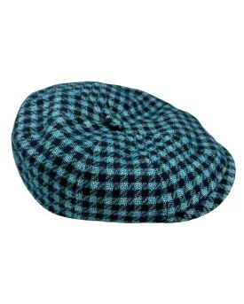 Kiton Flat Cap Cashmere Wool Aqua Black Gingham Newsboy Hat