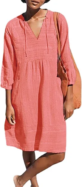 Lafural Womens V Neck Cotton Casual Loose Shift Tunic Smock Summer Dresses Vacation Dress 3/4 Sleeve Pocket