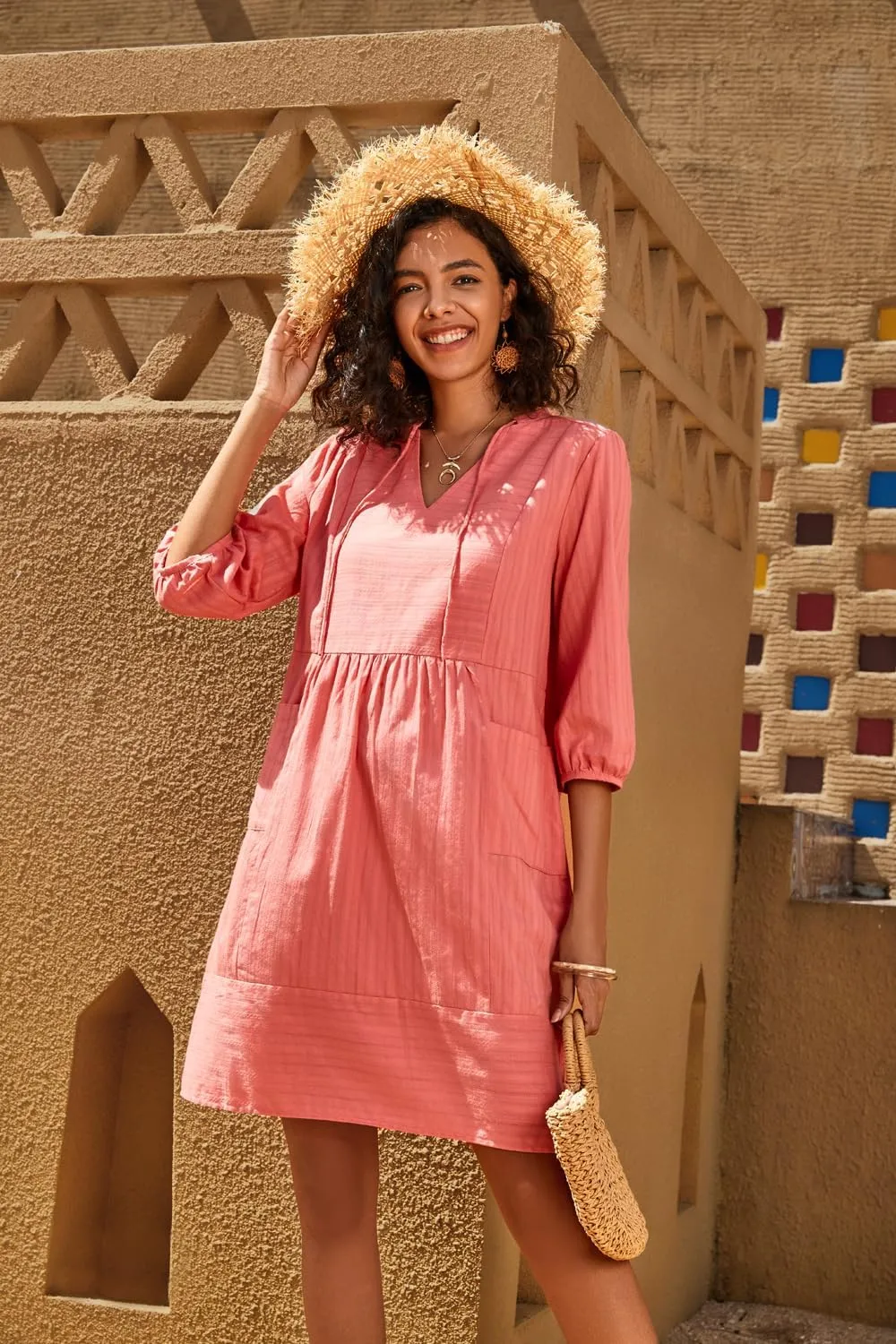 Lafural Womens V Neck Cotton Casual Loose Shift Tunic Smock Summer Dresses Vacation Dress 3/4 Sleeve Pocket
