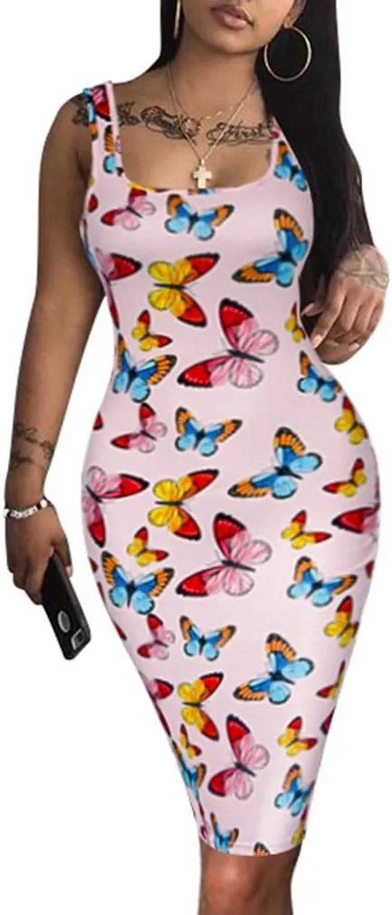 LAGSHIAN Women's Sexy Bodycon Tank Dress Sleeveless Basic Midi Club Dresses