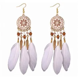 Long White Feather Dangle Earrings