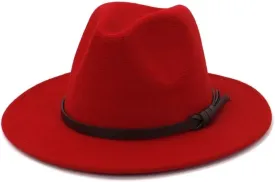 Men Wide Brim Winter Jazz Fedora Hat Fedora Hats with Leather Belt Elegant Lady Church Formal Felted Hats for Women Fengyan Cowboy Hats (Color : Rose Red, Size : 56-58CM)