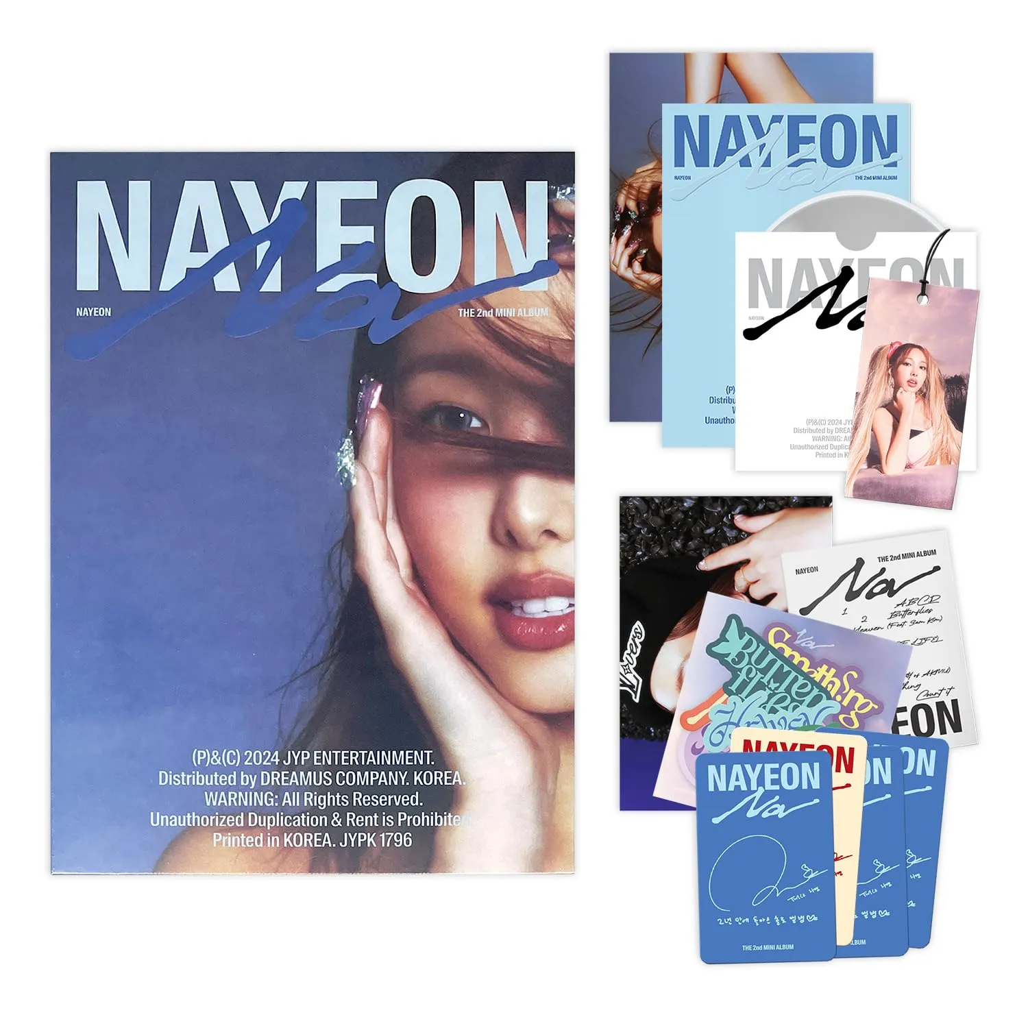 NAYEON - 2nd Mini album NA A Ver. Out Box R   Envelope   Postcard   Photobook   Hang Tag   Photocard   Track Sticker Pack   Mini Book   Folded Poster   2 Extra Photocards