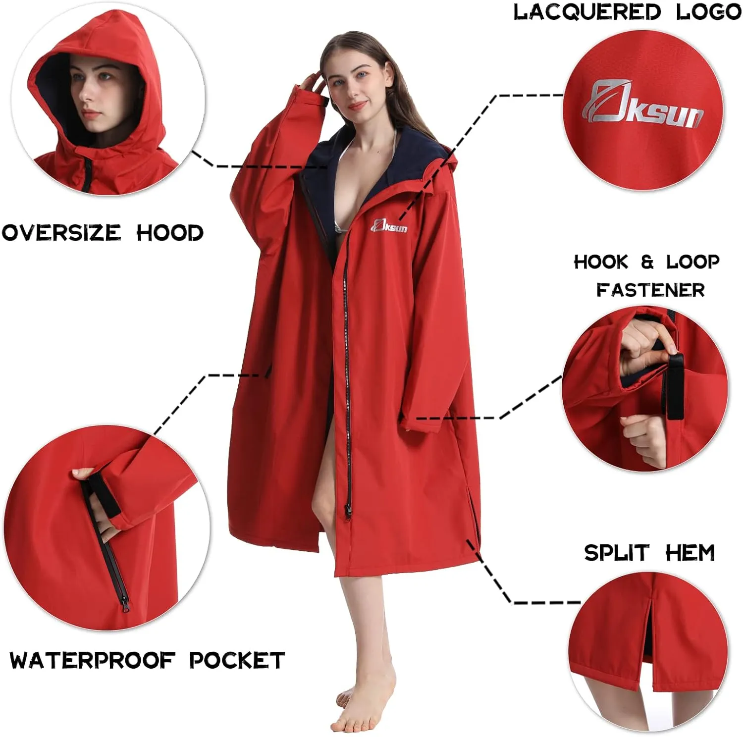 Oksun Oversized Waterproof Swim Parka: Windproof Warm Swimming Coat - Water Resistant Jacket - Thin Fleece Lined Surf Poncho