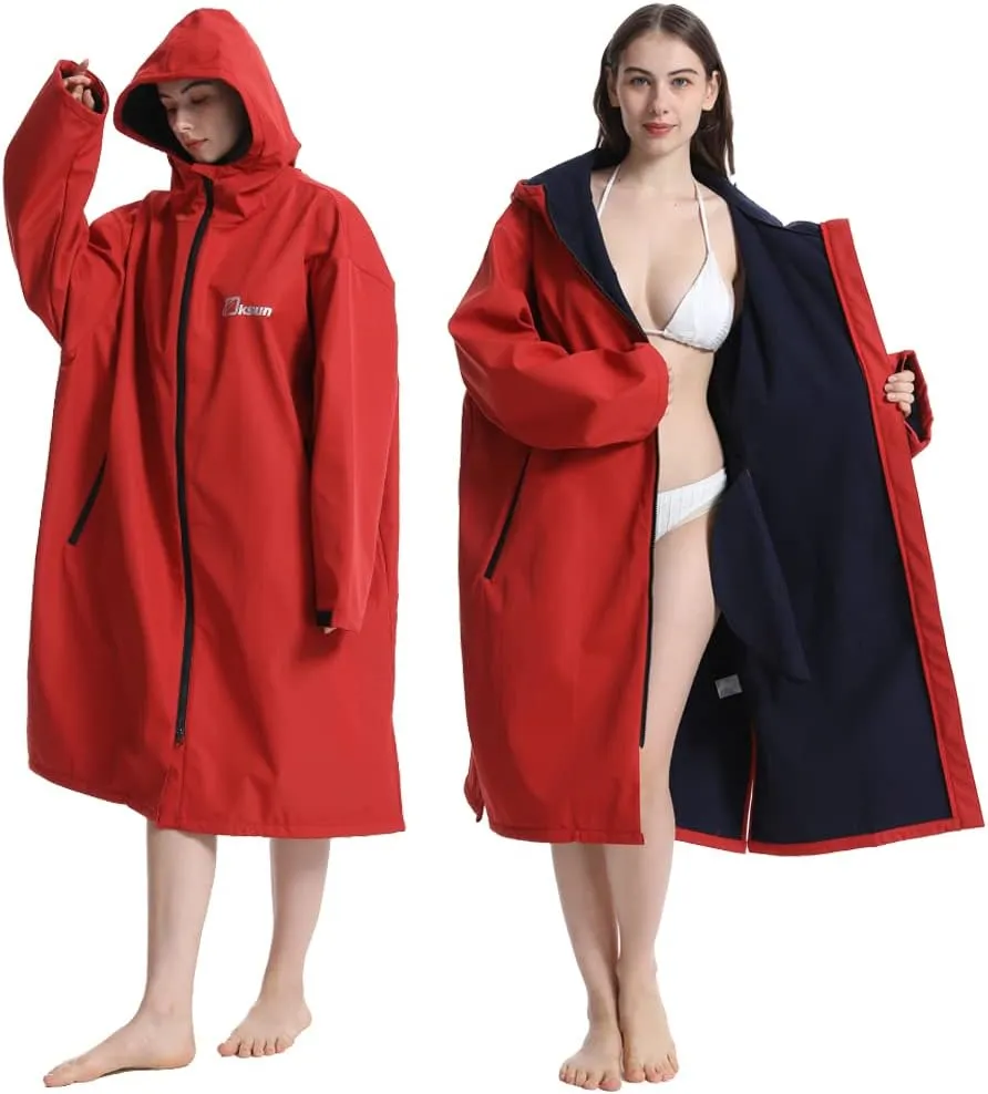 Oksun Oversized Waterproof Swim Parka: Windproof Warm Swimming Coat - Water Resistant Jacket - Thin Fleece Lined Surf Poncho