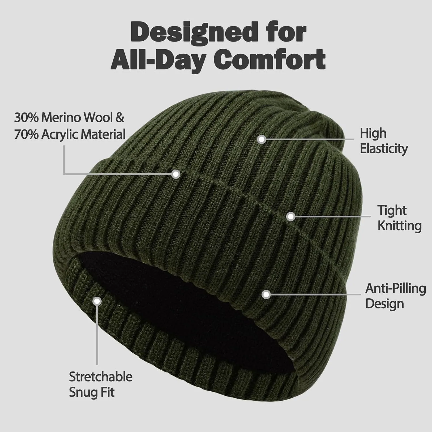 Oversize L/XL/XXL Beanie Hat for Big Heads - Unisex Merino Wool Cuff Beanie Winter Hat for Men and Women