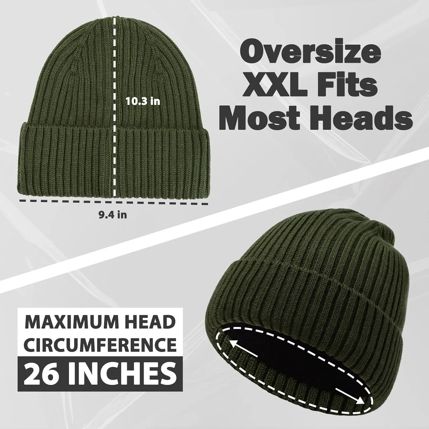 Oversize L/XL/XXL Beanie Hat for Big Heads - Unisex Merino Wool Cuff Beanie Winter Hat for Men and Women