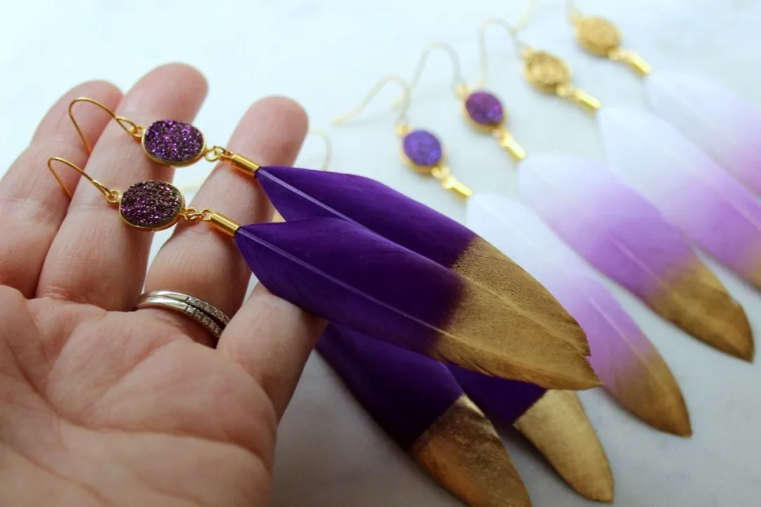 Purple Gold Dipped Feather Earrings