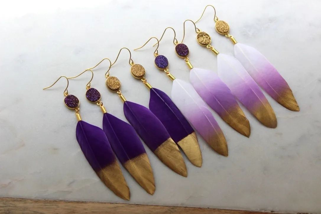 Purple Gold Dipped Feather Earrings