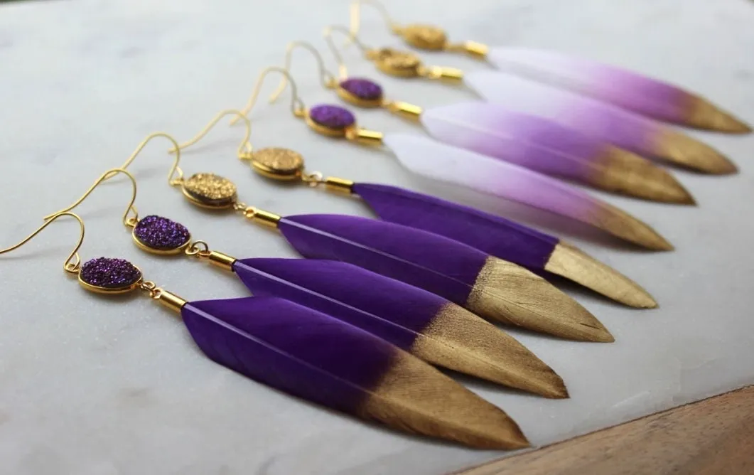 Purple Gold Dipped Feather Earrings