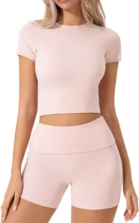 QINSEN Women's 2 Piece Outfits Lounge Sets Slim Fitted Short Sleeve Crop Tops Fold Over Shorts Casual Comfy Trasuits