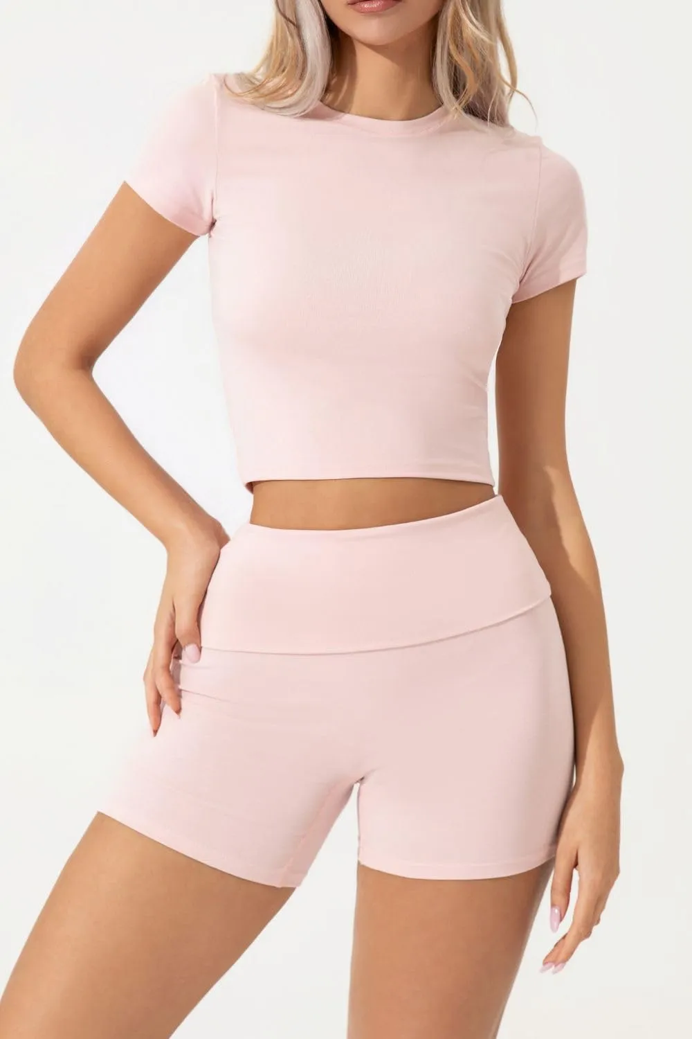 QINSEN Women's 2 Piece Outfits Lounge Sets Slim Fitted Short Sleeve Crop Tops Fold Over Shorts Casual Comfy Trasuits