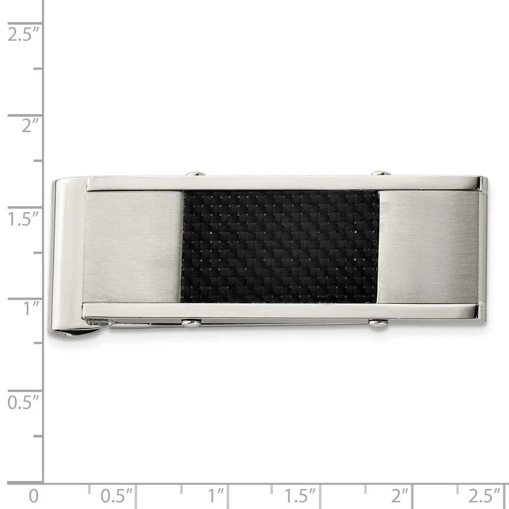 Stainless Steel Brushed and Polished Black Carbon Fiber Inlay Money Clip
