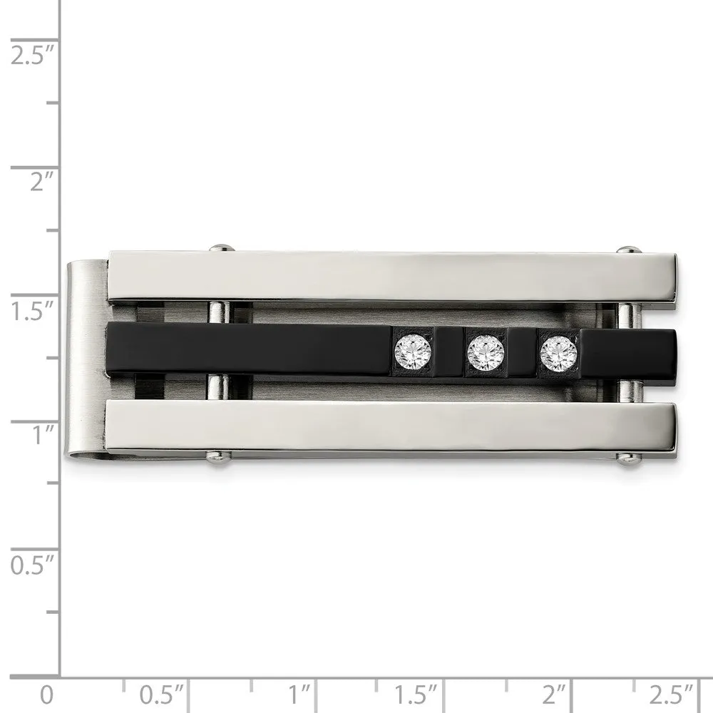 Stainless Steel CZ Black IP-plated Polished Money Clip