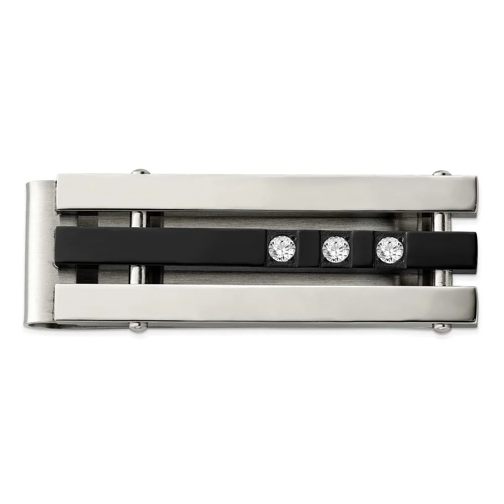 Stainless Steel CZ Black IP-plated Polished Money Clip