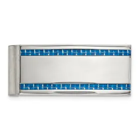 Stainless Steel Polished Blue Carbon Fiber Inlay Money Clip