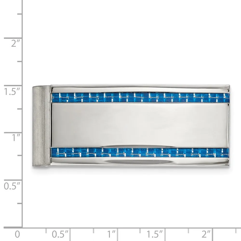 Stainless Steel Polished Blue Carbon Fiber Inlay Money Clip