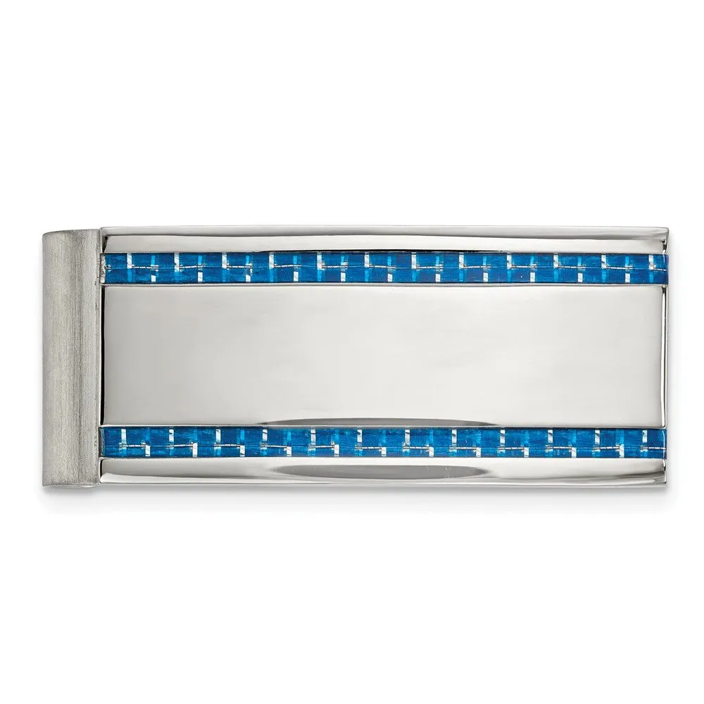 Stainless Steel Polished Blue Carbon Fiber Inlay Money Clip