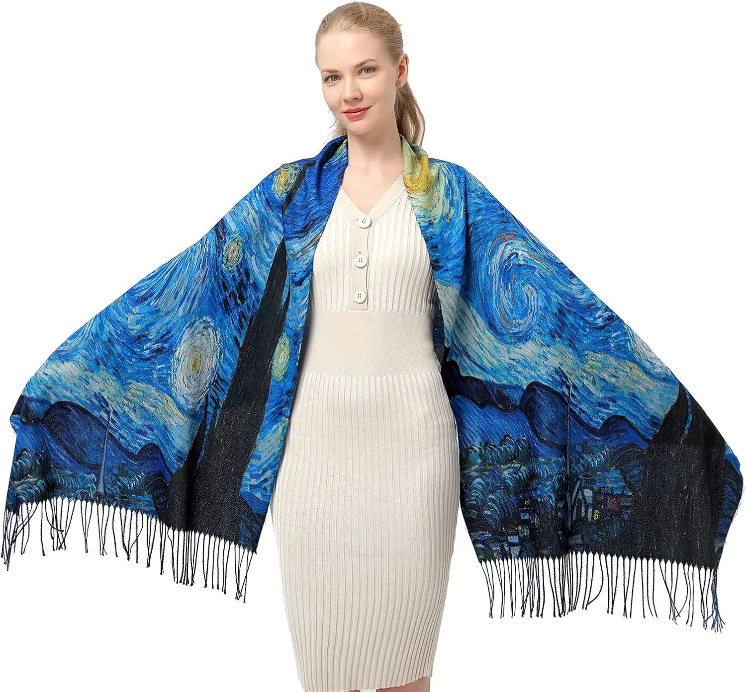 XINYUN Women's Fashion Scarf with Art Printed Tassel Soft Cashmere Warm Large Blanket Wrap Shawl for gift