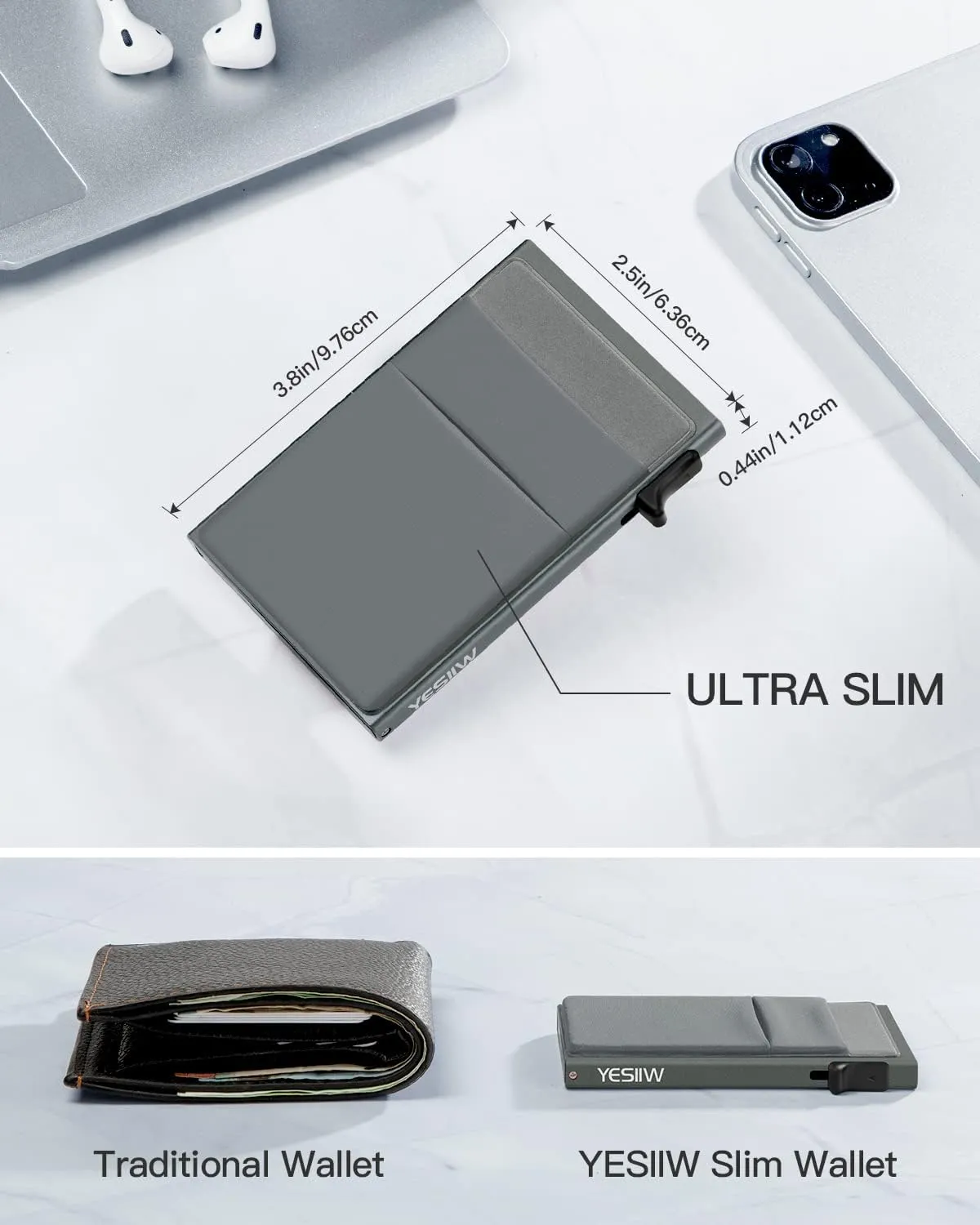 YESIIW Pop up Credit Card Holder for Men with Money Pocket Minimalist Business Card Wallet RFID Blocking Slim Aluminum Metal Bank Card Case for Cards and Notes and Coins Space Grey
