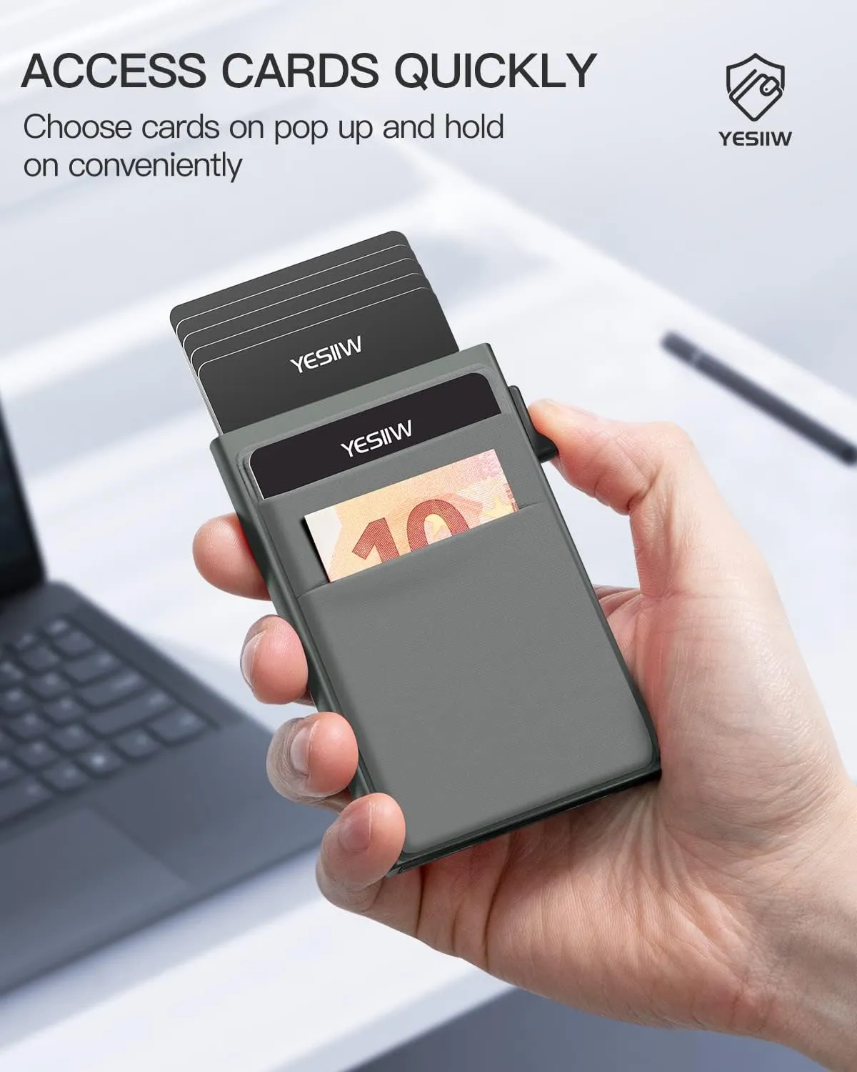 YESIIW Pop up Credit Card Holder for Men with Money Pocket Minimalist Business Card Wallet RFID Blocking Slim Aluminum Metal Bank Card Case for Cards and Notes and Coins Space Grey