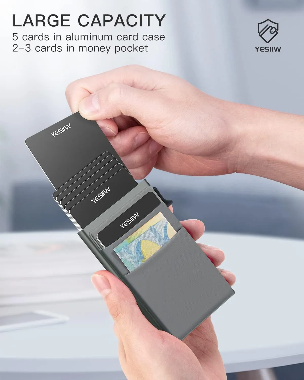 YESIIW Pop up Credit Card Holder for Men with Money Pocket Minimalist Business Card Wallet RFID Blocking Slim Aluminum Metal Bank Card Case for Cards and Notes and Coins Space Grey