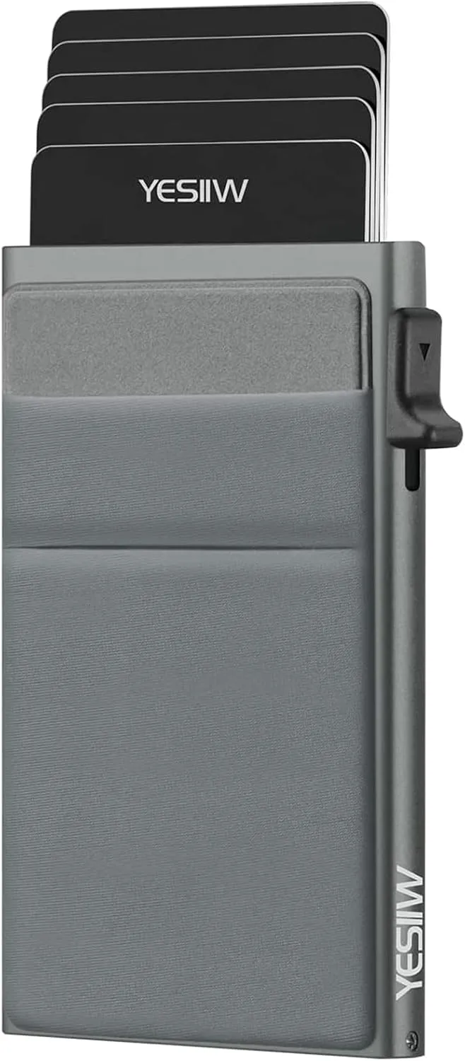 YESIIW Pop up Credit Card Holder for Men with Money Pocket Minimalist Business Card Wallet RFID Blocking Slim Aluminum Metal Bank Card Case for Cards and Notes and Coins Space Grey