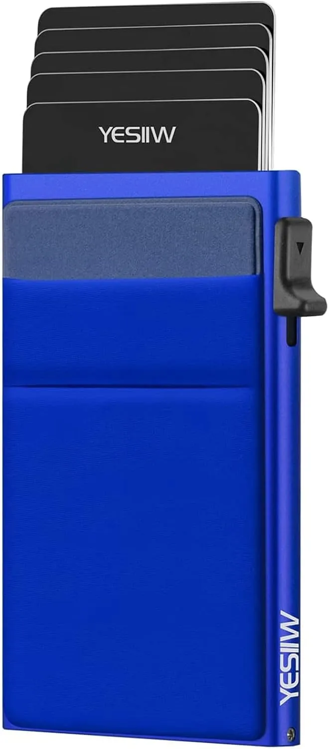YESIIW Pop up Credit Card Holder RFID Blocking with Money Pocket Minimalist Business Card Wallet for Men Slim Aluminum Metal Bank Card Case for Cards and Notes and Coins Royal Blue